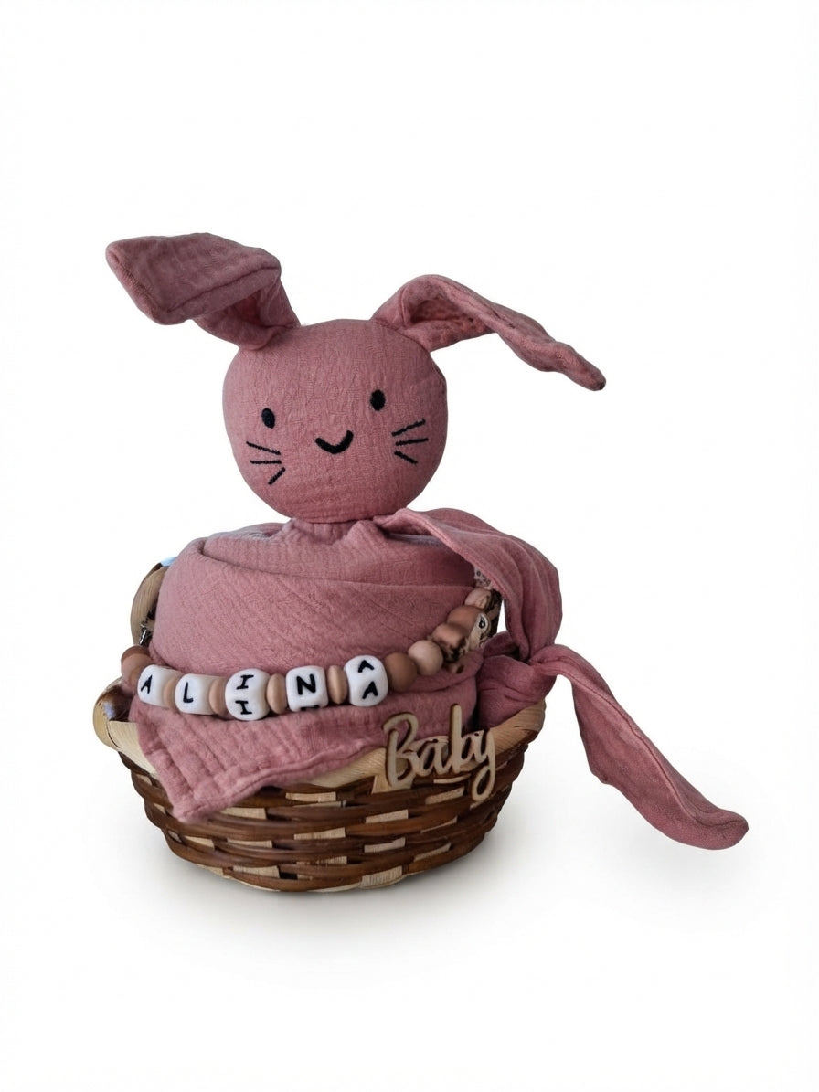Personalisiertes Geschenk zur Geburt mit Name – Baby Geschenk zur Taufe & Babyshower | Hase rosa