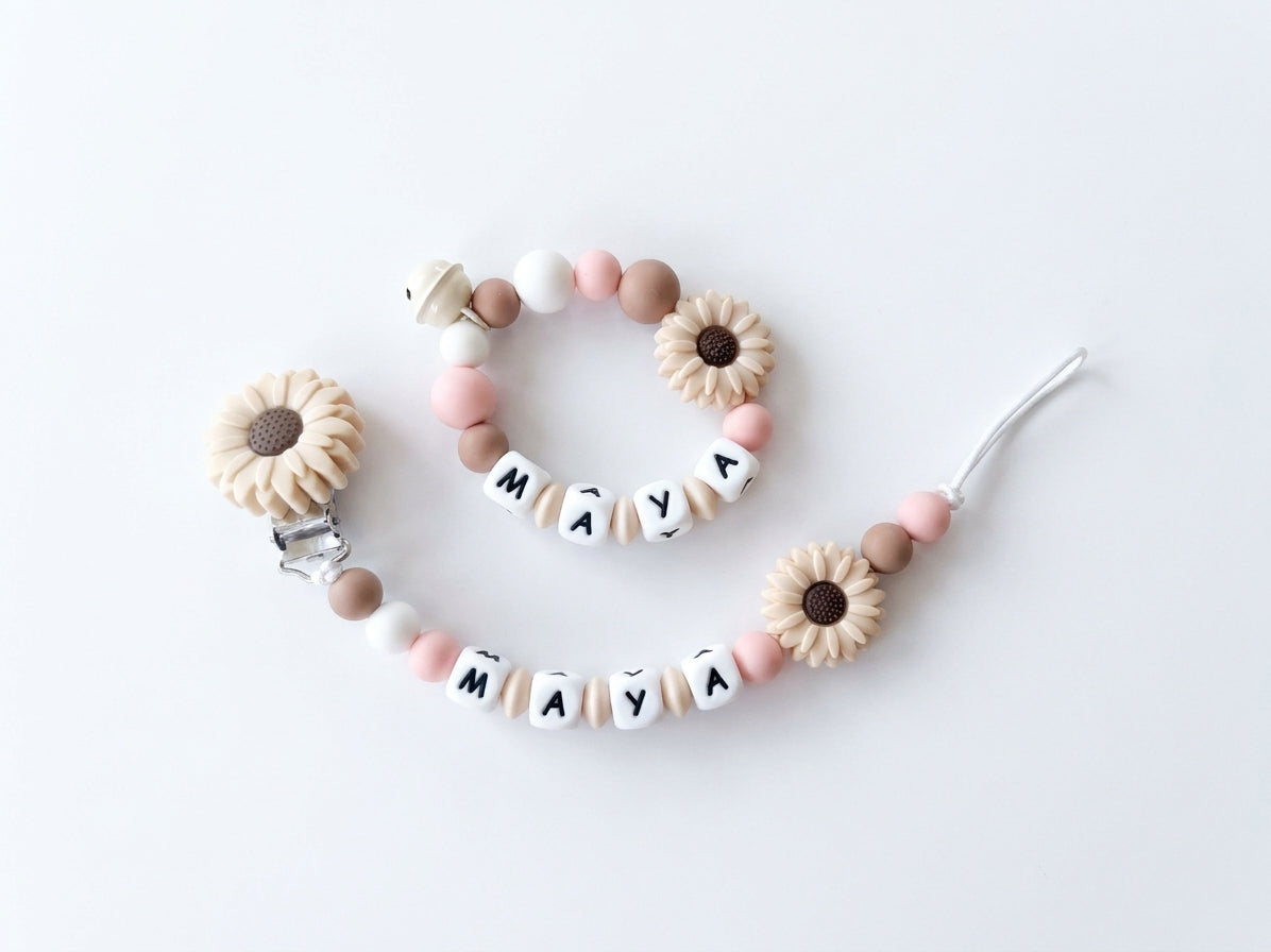 Nuggikette und Beissring personalisiert mit Namen - Baby Geschenk - beige