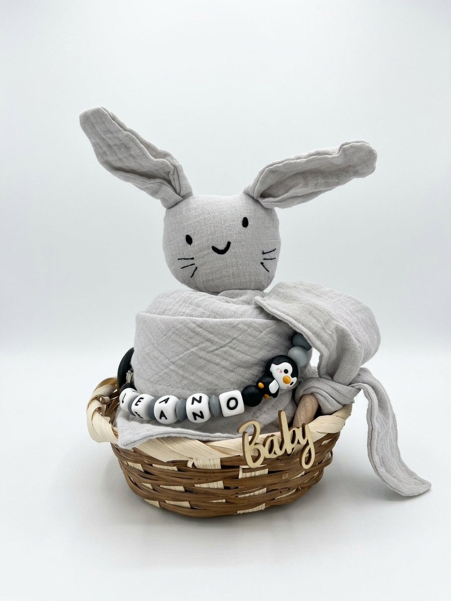 Personalisiertes Geschenk zur Geburt mit Name – Baby Geschenk zur Taufe & Babyshower | Hase grau