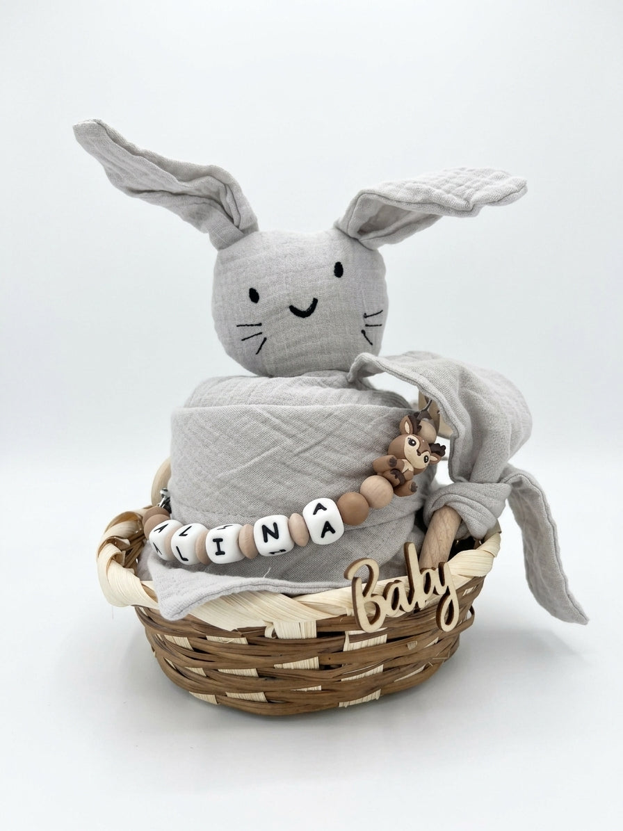 Personalisiertes Geschenk zur Geburt mit Name – Baby Geschenk zur Taufe & Babyshower | Hase grau