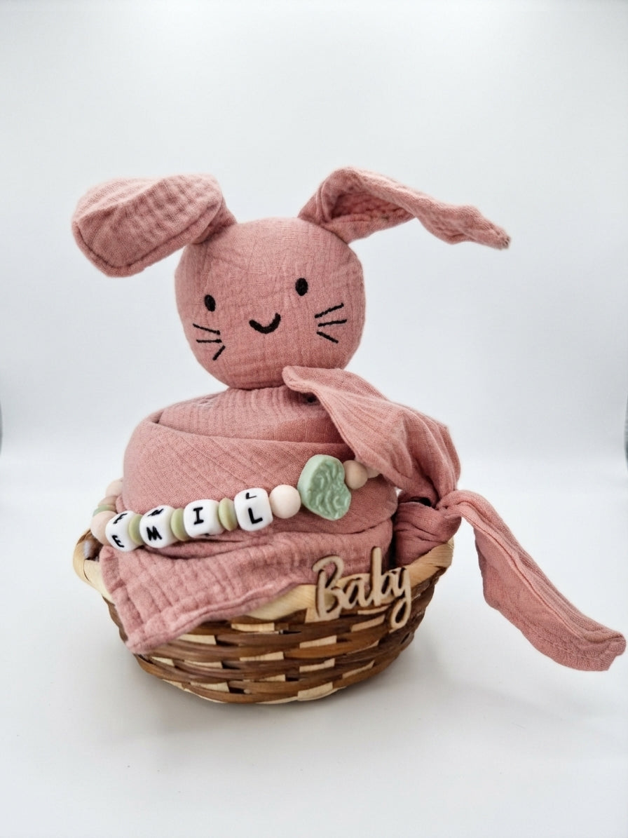 Personalisiertes Geschenk zur Geburt mit Name – Baby Geschenk zur Taufe & Babyshower | Hase rosa