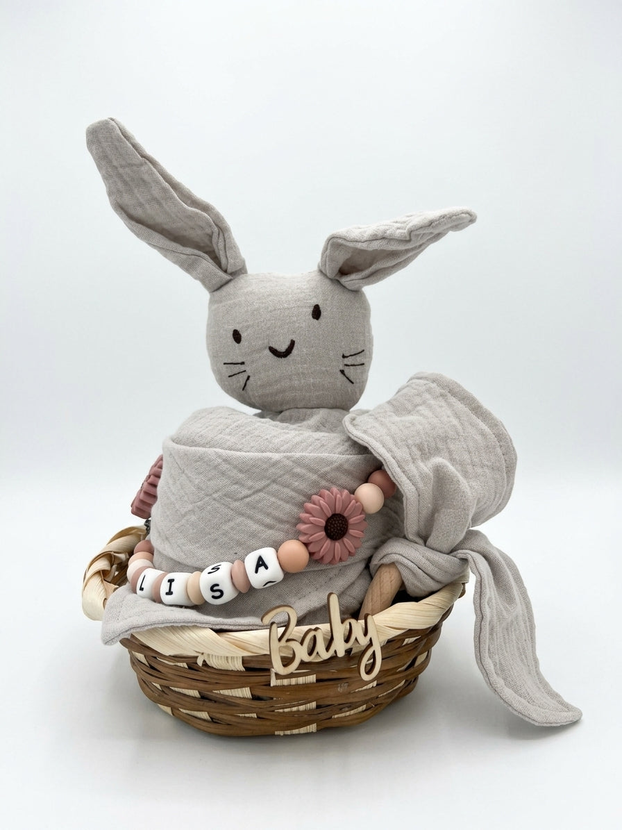 Personalisiertes Geschenk zur Geburt mit Name – Baby Geschenk zur Taufe & Babyshower | Hase grau