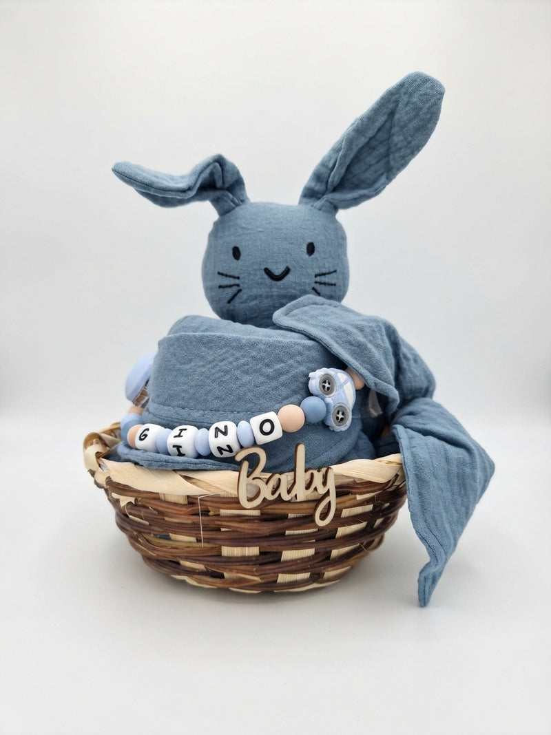 Personalisiertes Geschenk zur Geburt mit Name – Baby Geschenk zur Taufe & Babyshower | Hase blau