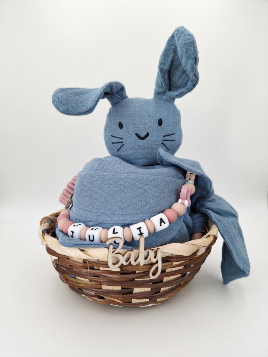 Personalisiertes Geschenk zur Geburt mit Name – Baby Geschenk zur Taufe & Babyshower | Hase blau