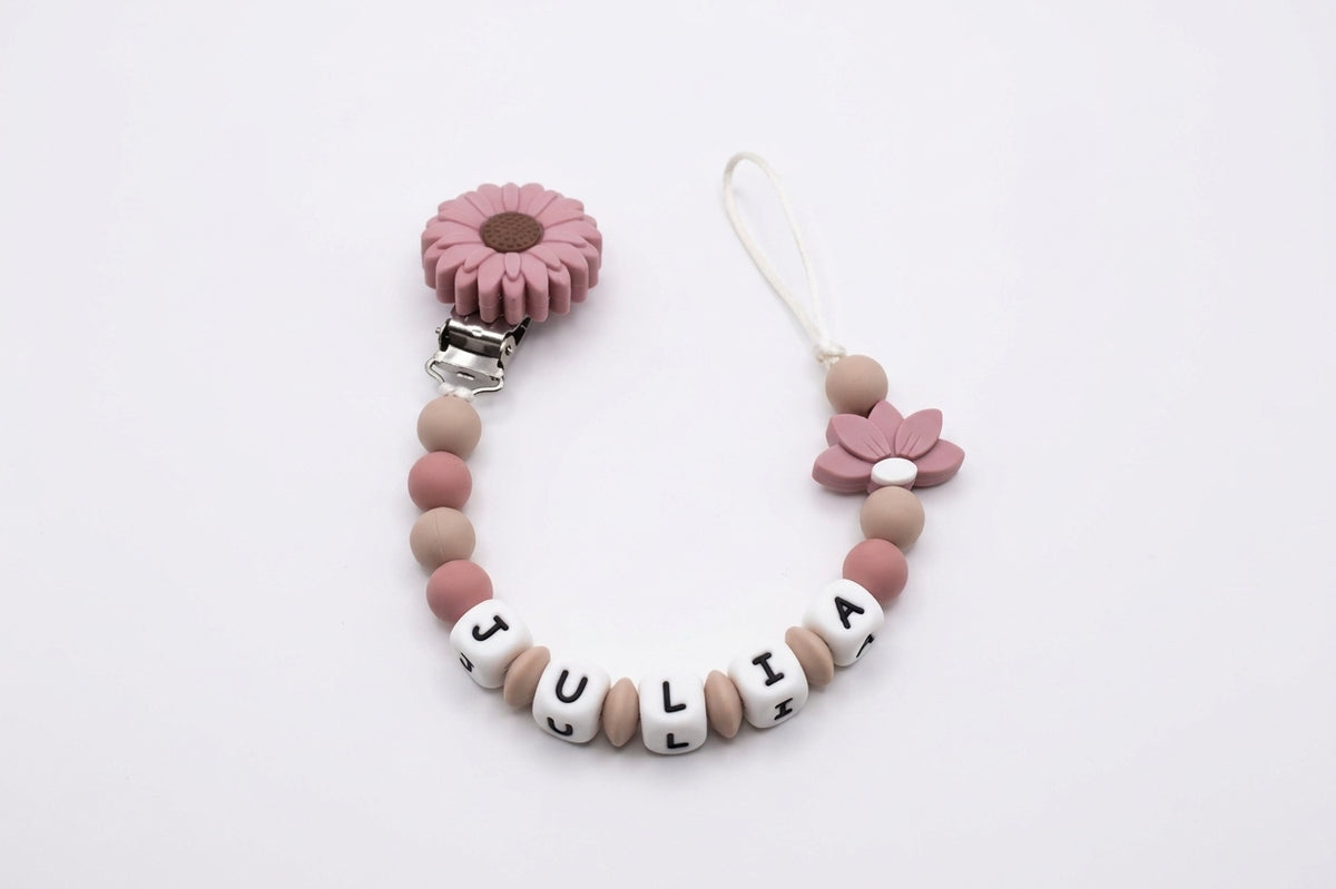 Nuggikette / Schnullerkette personalisiert mit Name, Geschenk zur Geburt - Lotusblume