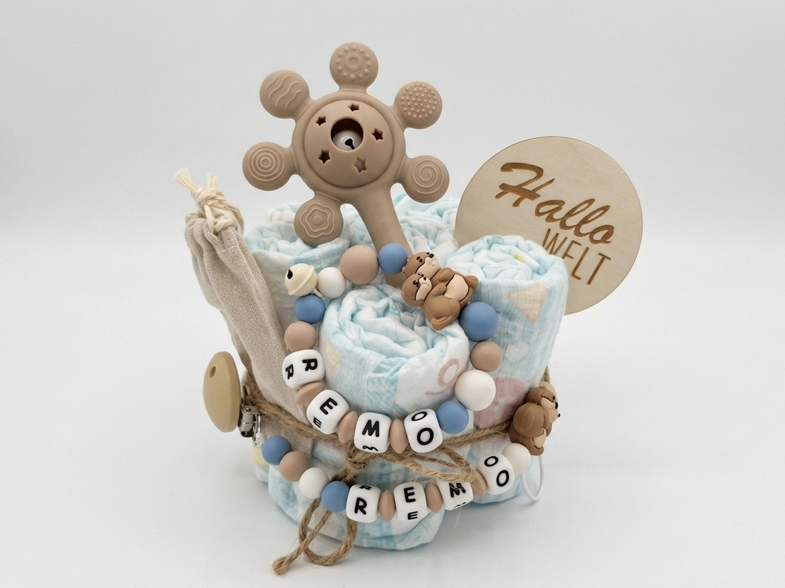 Windeltorte personalisiert mit Namen - Otter Blau