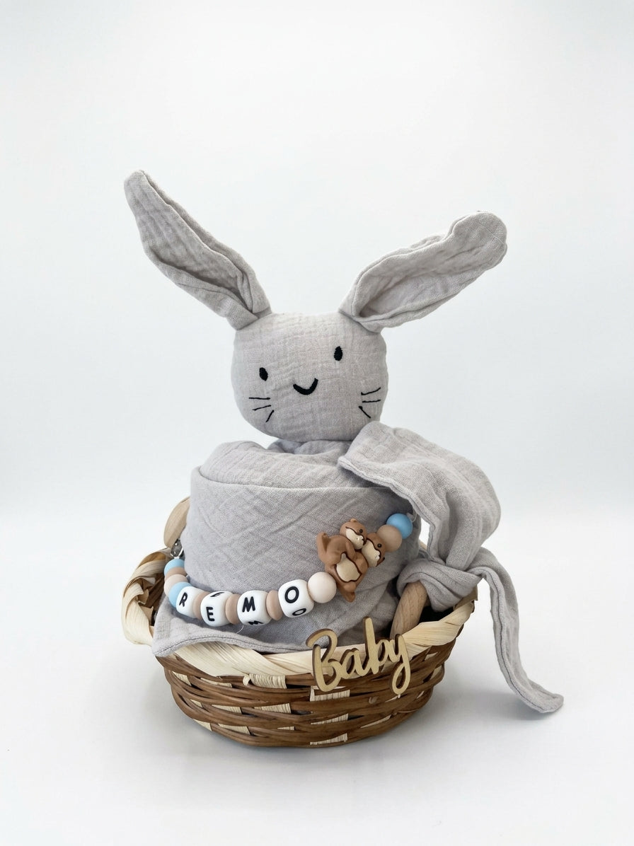 Personalisiertes Geschenk zur Geburt mit Name – Baby Geschenk zur Taufe & Babyshower | Hase grau