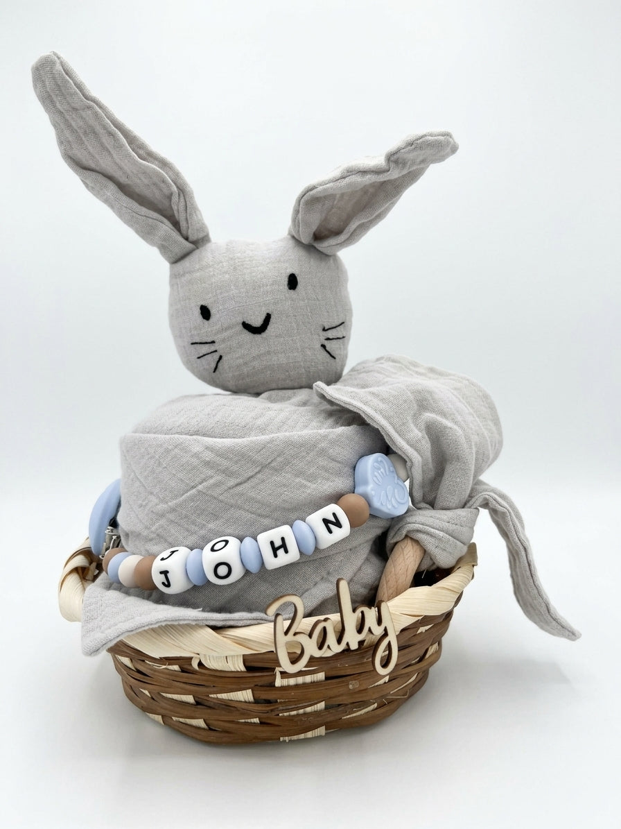 Personalisiertes Geschenk zur Geburt mit Name – Baby Geschenk zur Taufe & Babyshower | Hase grau