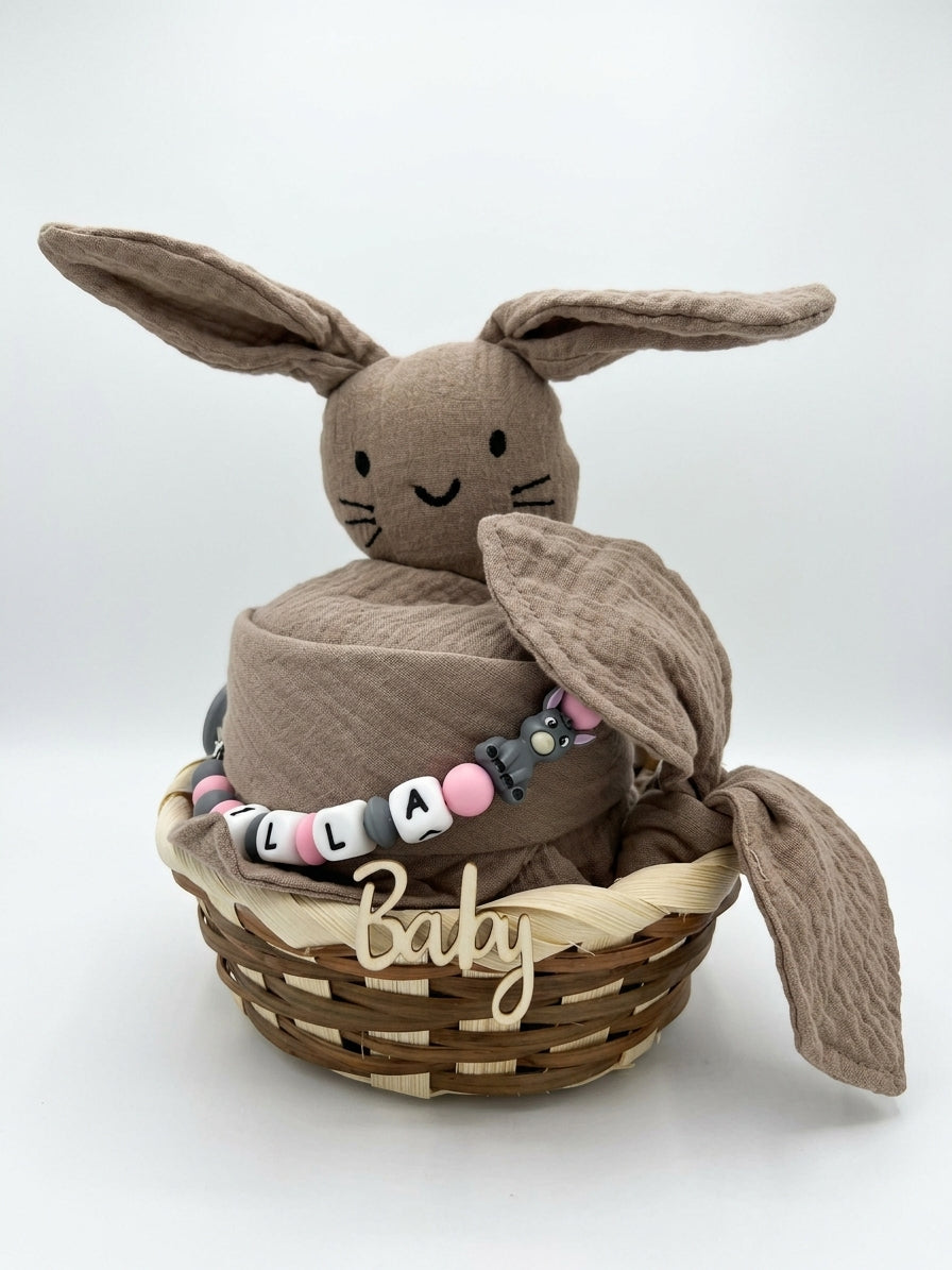 Personalisiertes Geschenk zur Geburt mit Name – Baby Geschenk zur Taufe & Babyshower | Hase braun