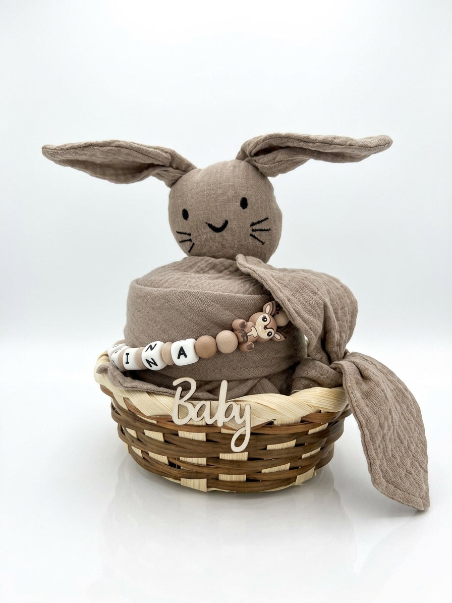 Personalisiertes Geschenk zur Geburt mit Name – Baby Geschenk zur Taufe & Babyshower | Hase braun