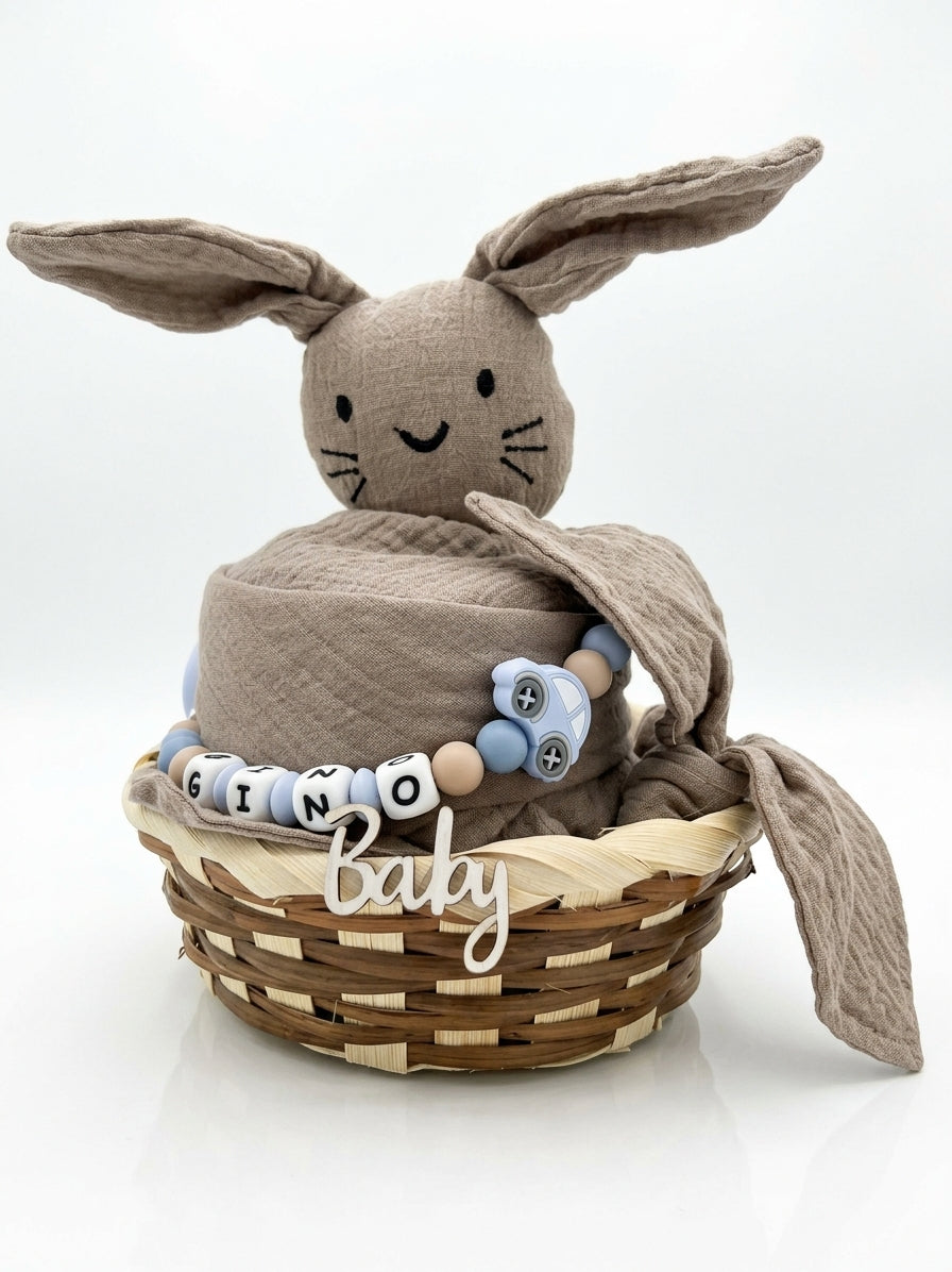 Personalisiertes Geschenk zur Geburt mit Name – Baby Geschenk zur Taufe & Babyshower | Hase braun