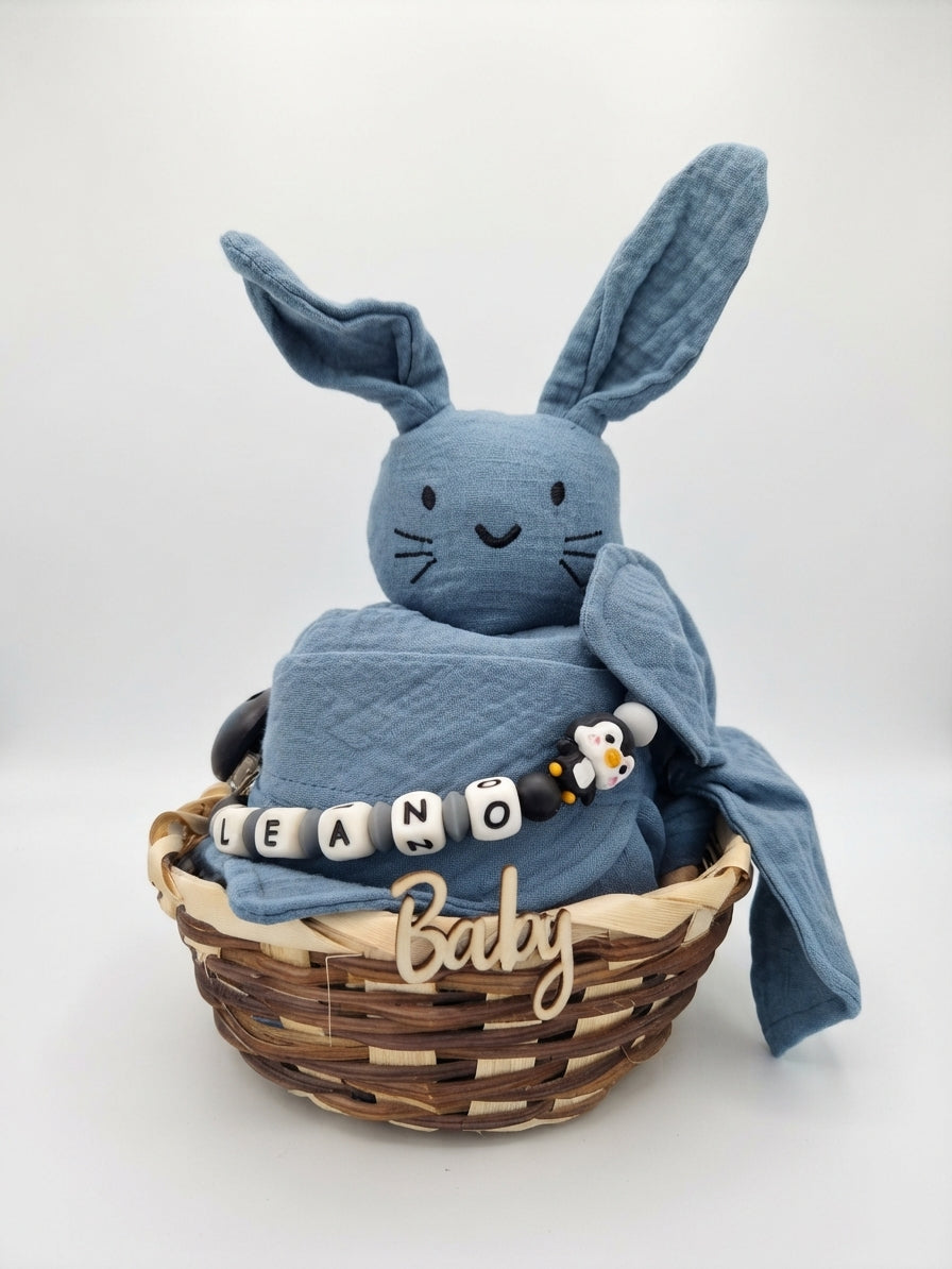 Personalisiertes Geschenk zur Geburt mit Name – Baby Geschenk zur Taufe & Babyshower | Hase blau