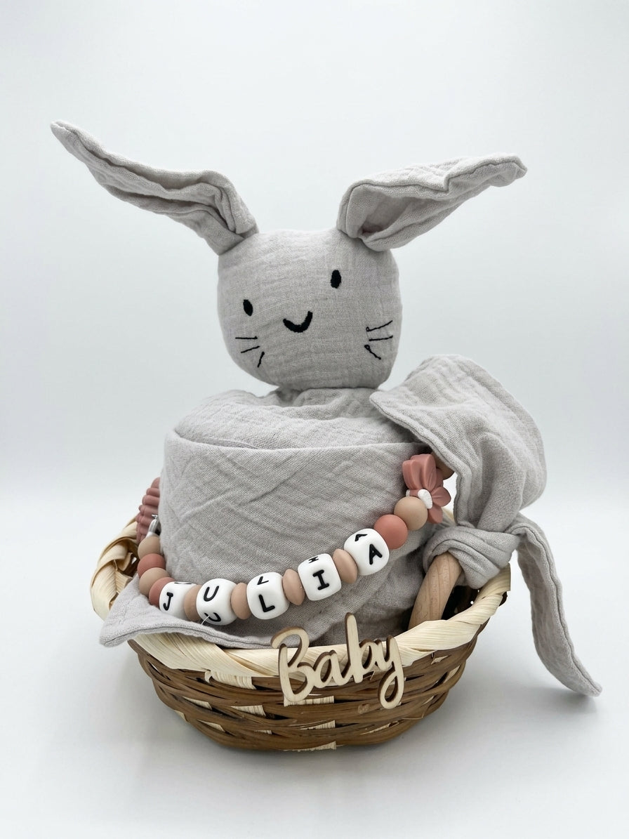 Personalisiertes Geschenk zur Geburt mit Name – Baby Geschenk zur Taufe & Babyshower | Hase grau