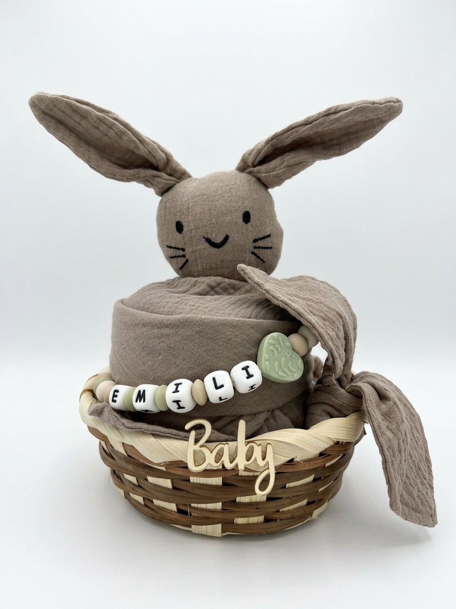 Personalisiertes Geschenk zur Geburt mit Name – Baby Geschenk zur Taufe & Babyshower | Hase braun