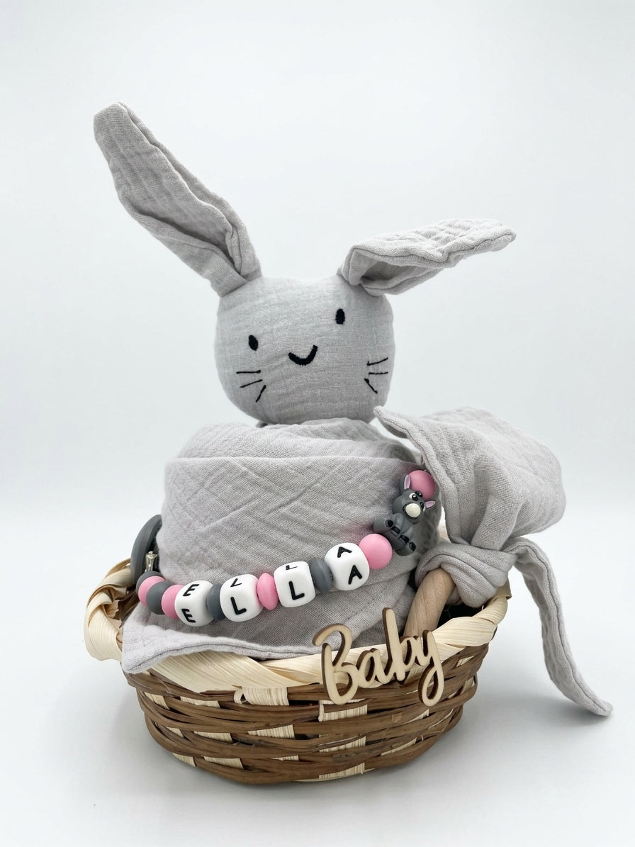 Personalisiertes Geschenk zur Geburt mit Name – Baby Geschenk zur Taufe & Babyshower | Hase grau