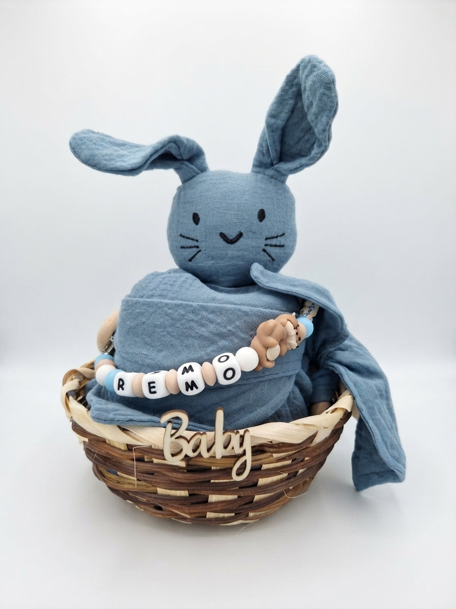 Personalisiertes Geschenk zur Geburt mit Name – Baby Geschenk zur Taufe & Babyshower | Hase blau