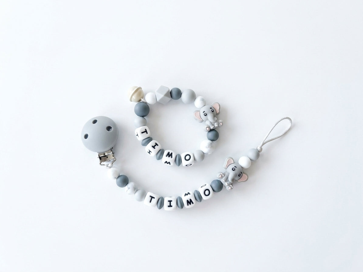 Nuggikette und Beissring personalisiert mit Namen - Baby Geschenk - Elefant