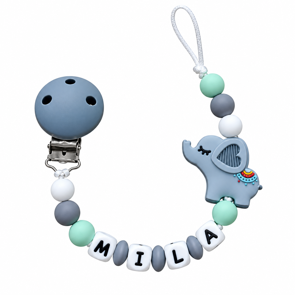 Nuggikette / Schnullerkette personalisiert mit Name, Geschenk zur Geburt - Elefant Mint