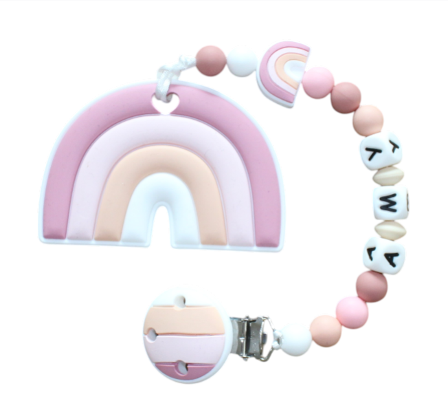 Personalisierte Beisskette Regenbogen Rosa mit Namen