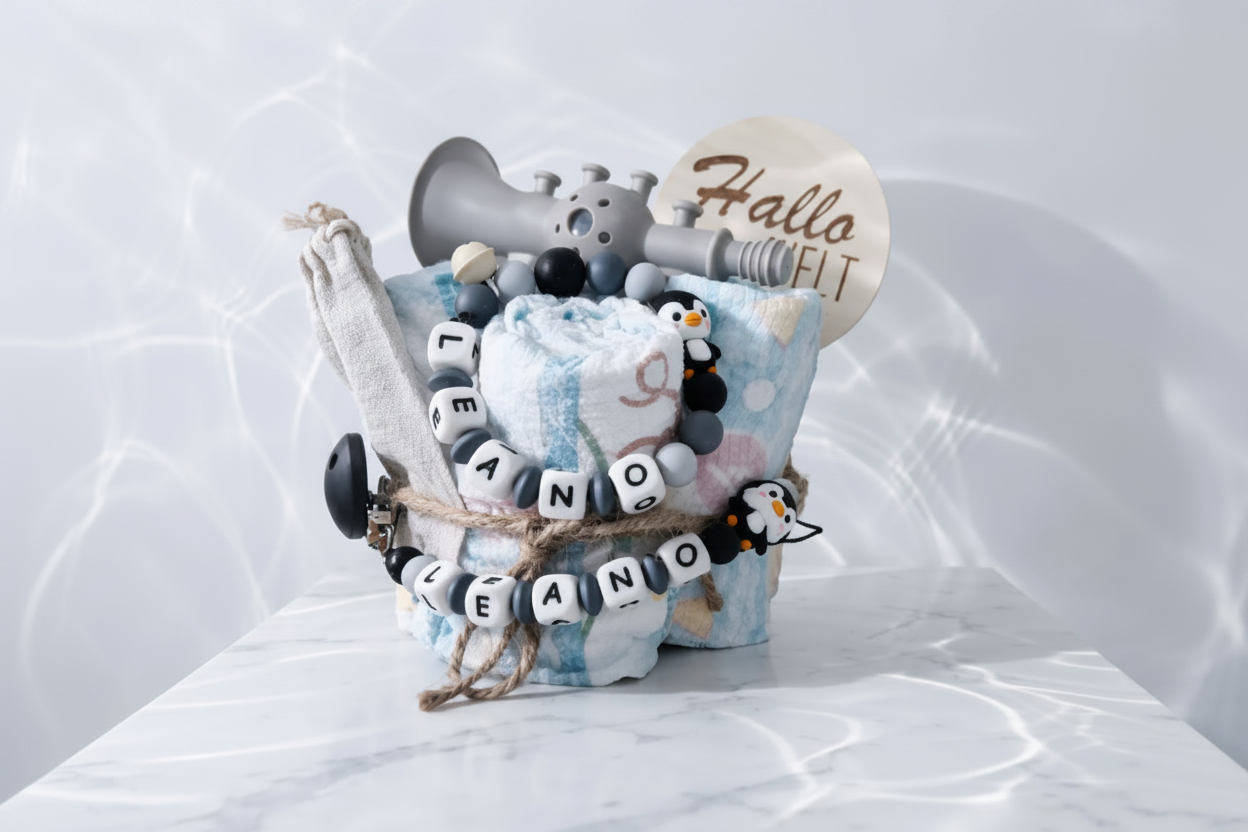 Personalisierte Windeltorte Pinguin Schwarz