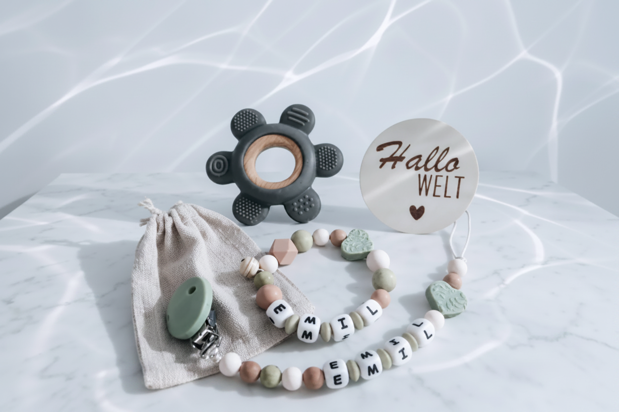 Personalisiertes Babygeschenkset Silikon Herz