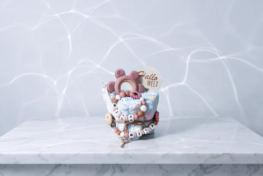Windeltorte personalisiert mit Namen - Blume Rosa