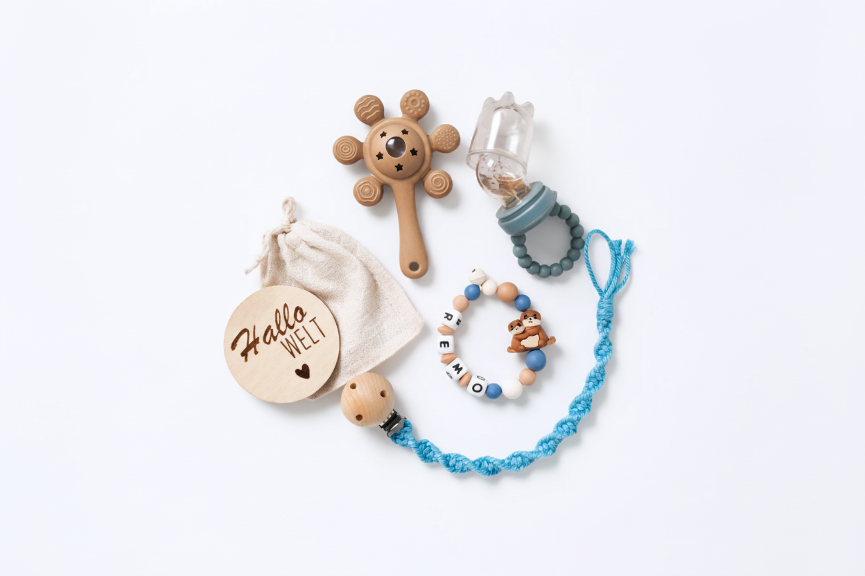 Personalisiertes Babygeschenkset Rasselpalme - Blau