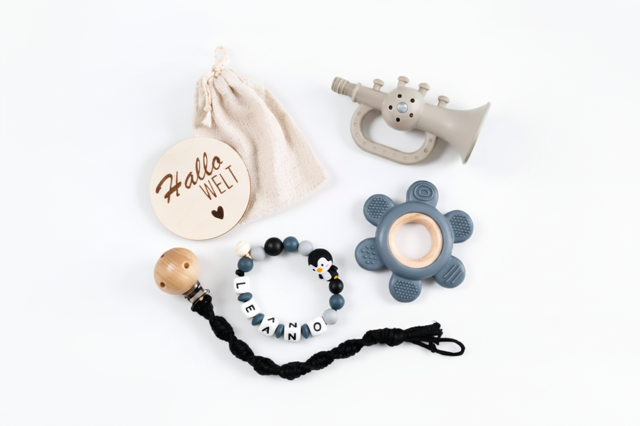 Personalisiertes Babygeschenkset Trompete Grau